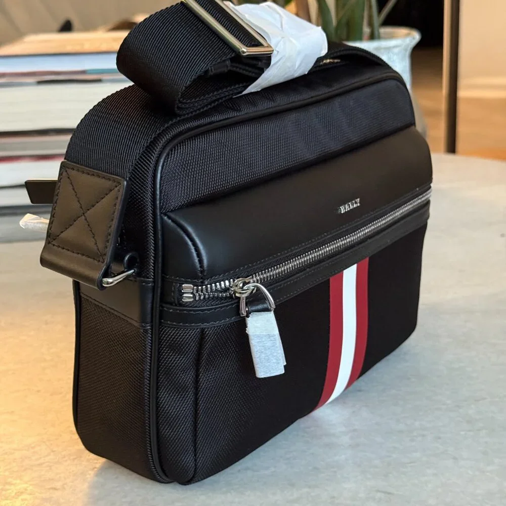 Bally Black Canvas Men's/Unisex Crossbody With Signature Bally Stripe, NWT